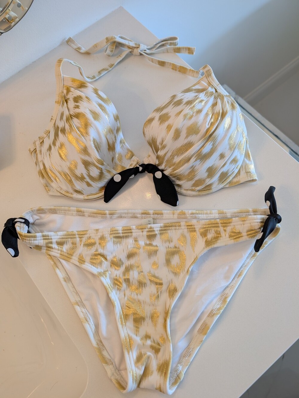 Victoria's Secret Gold and White Leopard Bikini with Black White Bows 34D/S